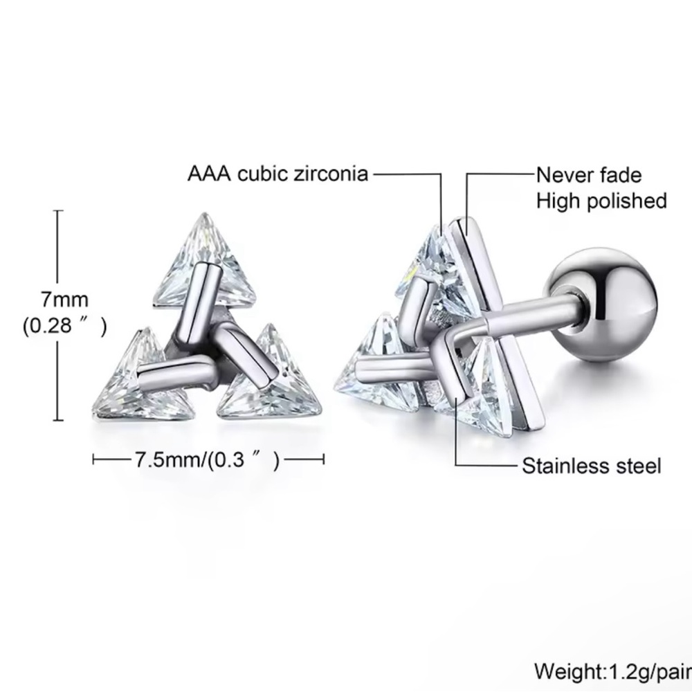 Men Stud Earring ,Triangle Pierced Crystal Zircon Stud Sleeper Stud - Picture 2 of 5